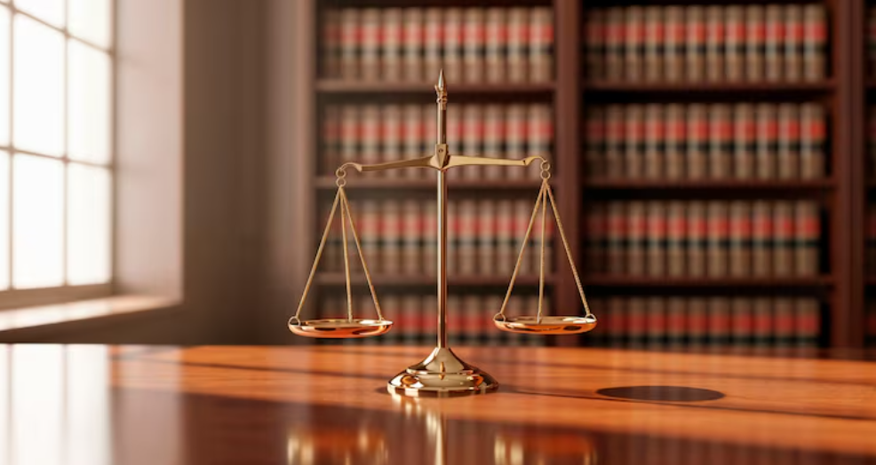 Balança da Justiça em biblioteca jurídica